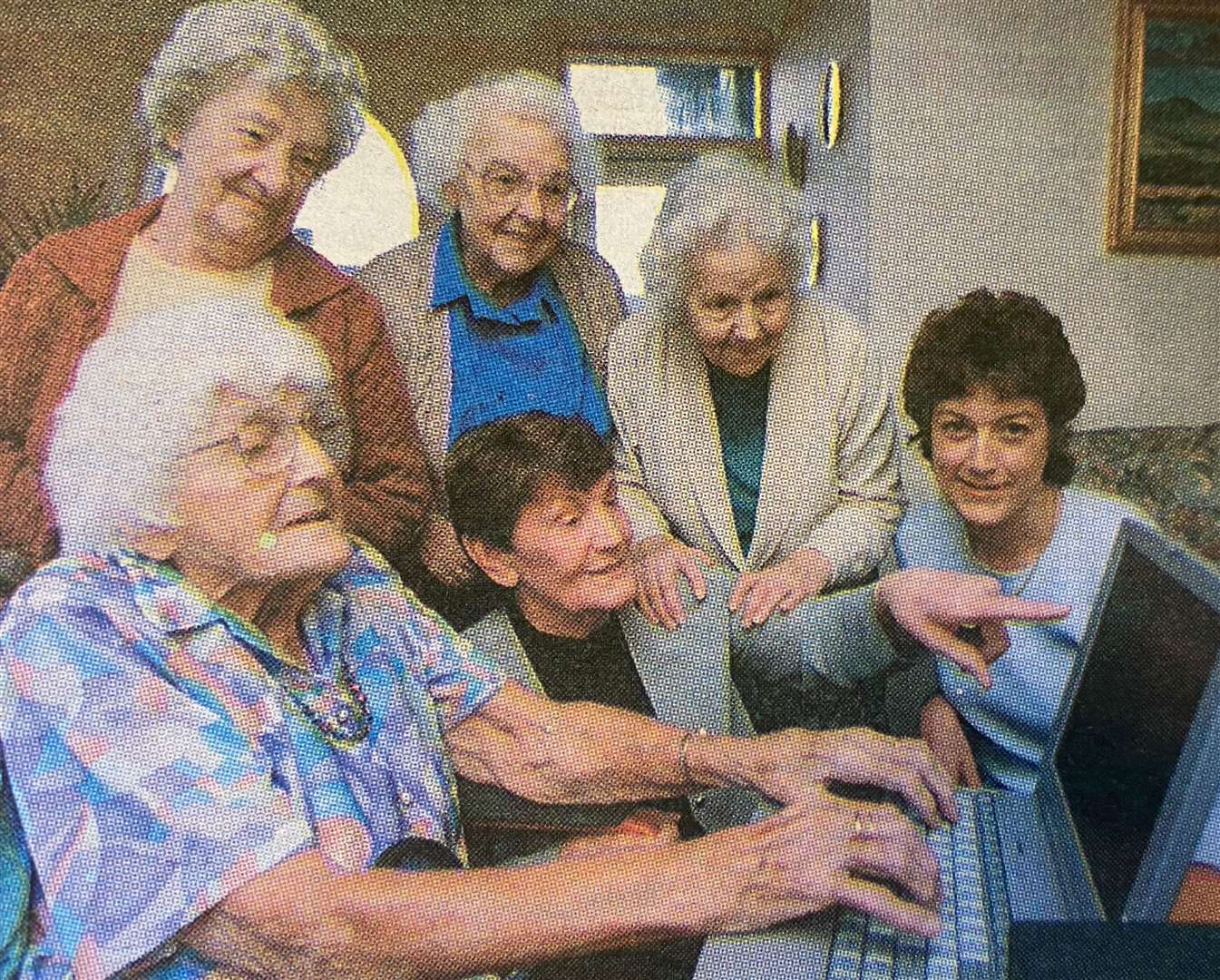 Connue Gignor, Ria Scott, Betty Collins, Maud Jones and Jane Oakley of Tixover Grange nursing home with Enid Dolman of Age Concern 25 years ago.