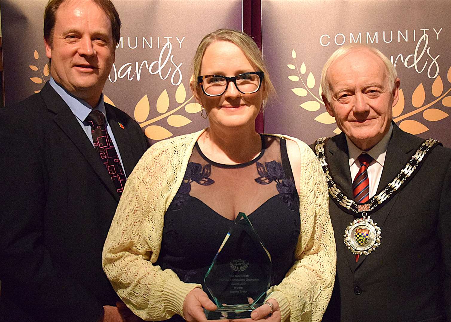 Councillors Ashley Baxter and Paul Fellows with Joanne Taylor, winner of the Judy Smith Lifetime Community Champion Award