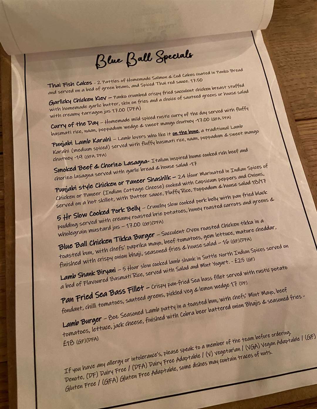 The specials at The Blue Ball in Braunston