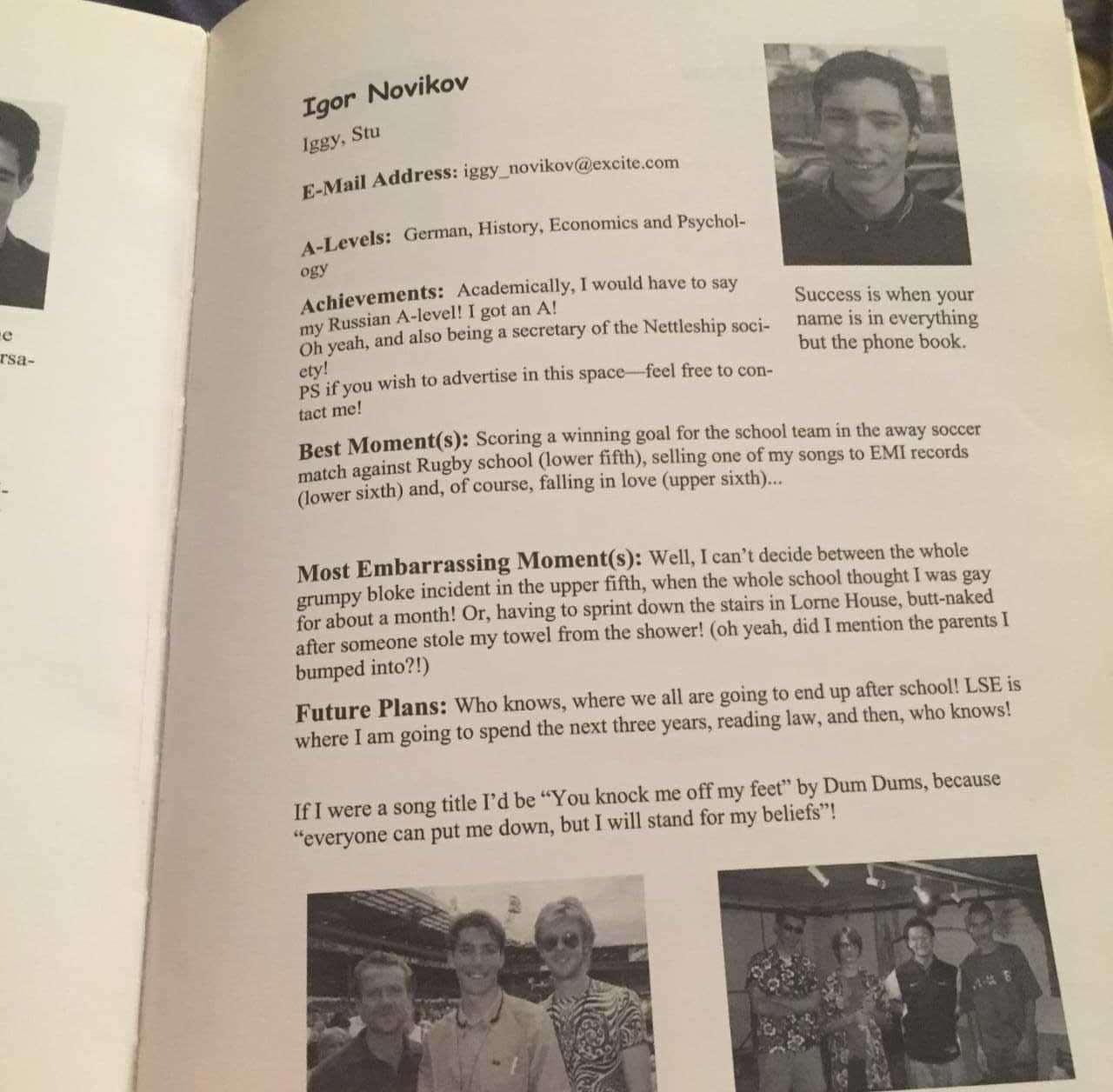 Igor's entry in the Uppingham School yearbook