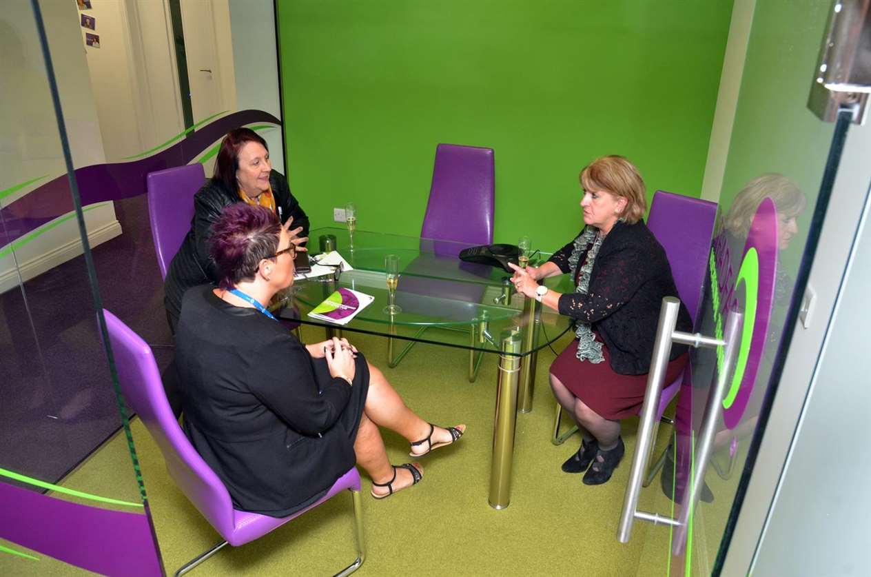 One of several pods used for small meetings - Maxine Candler and Joanny Lyon both of Allied Health Care, with Denide Blackmore - Steadfast regional engagement manager. (5455288)