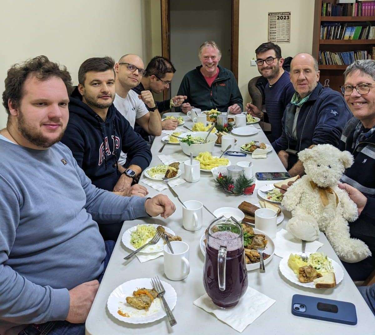 Settling down for a well-earned meal after their marathon drive