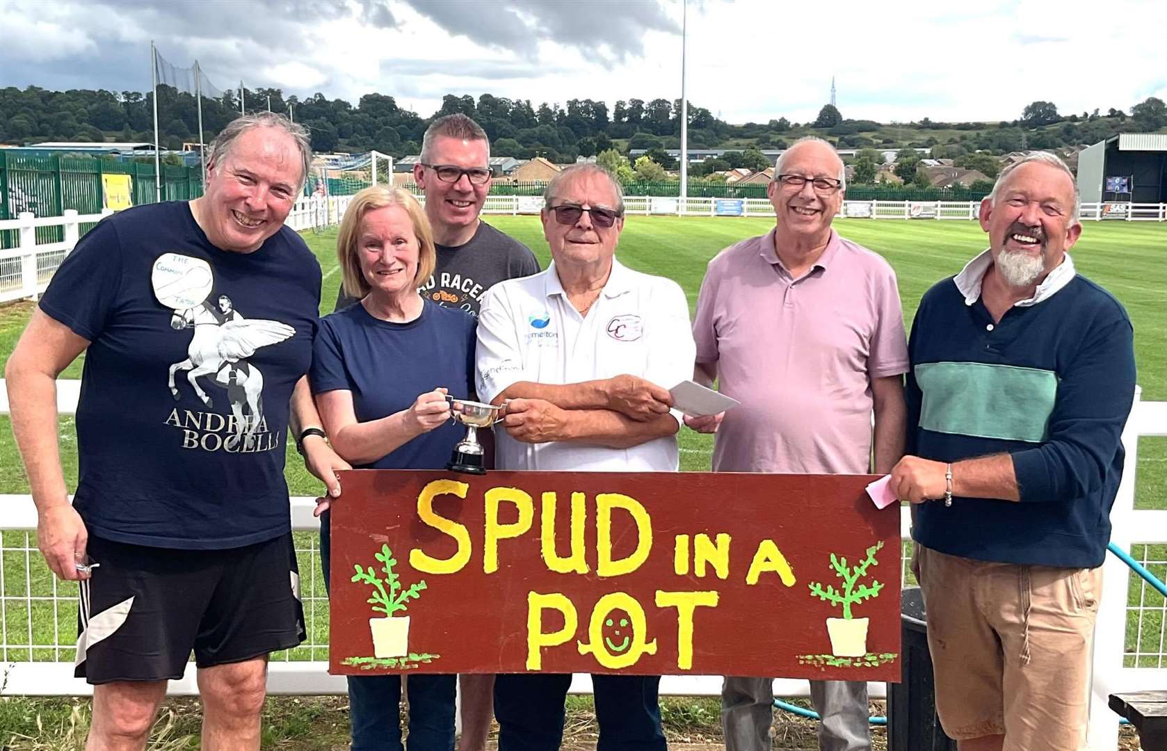 Pictured at the Spud in a Pot weigh-in are, from left - Coun Ian Selby, Kathleen Peasgood, Justin Lill, Roy, Andrew Buckberry and Trevor Rickard.