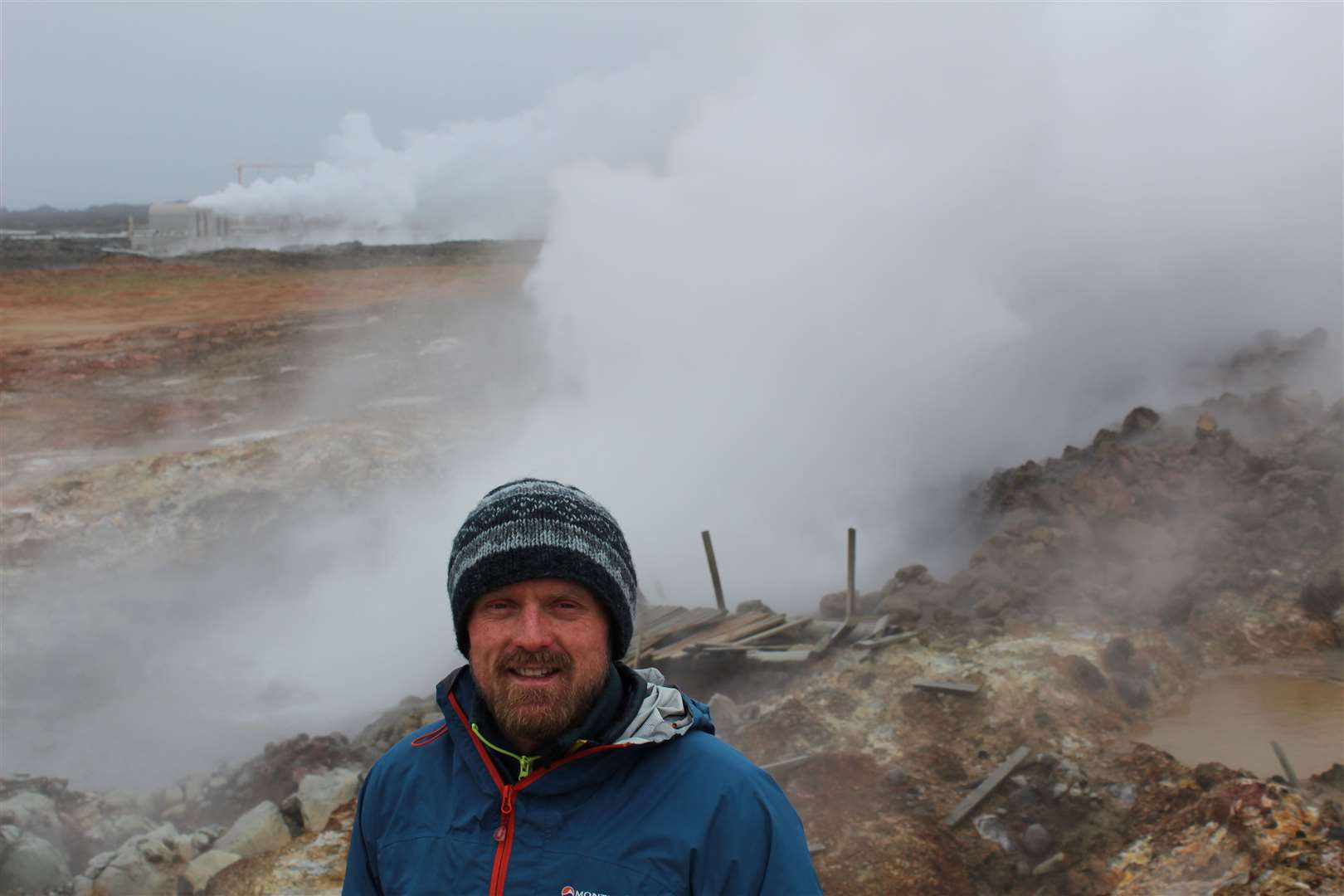 Toby pictured with a geyser amid the natural beauty of South East Iceland