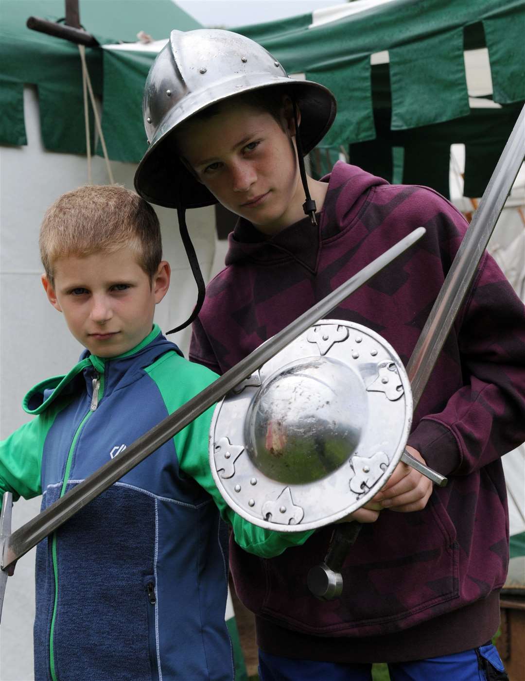 Trying out the swords and shields