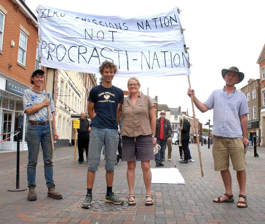 Environmental protestors in Market Place, Spalding - Helen Holmes, Ollie Delas, Kate Ayre and David Price of the Seed Co-operative, Gosberton. Photo by Tim Wilson. SG-200919-033TW (17287432)