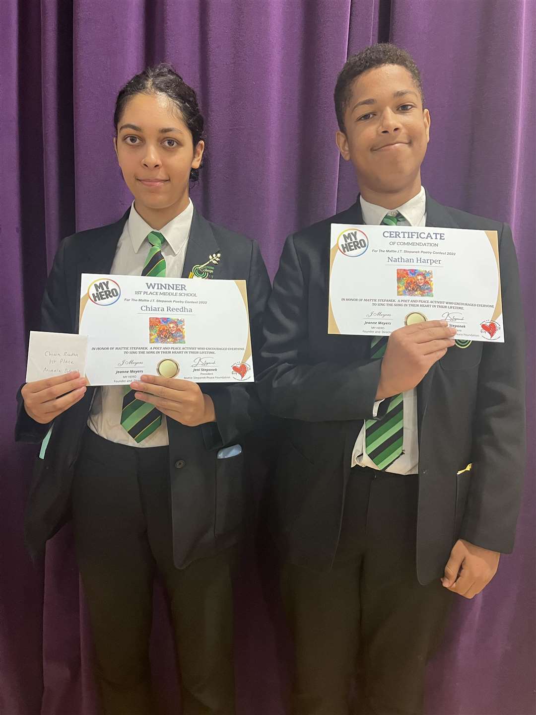 Chiara Reedha came first in an American Middle School poetry competition while Nathan Harper received a commendation