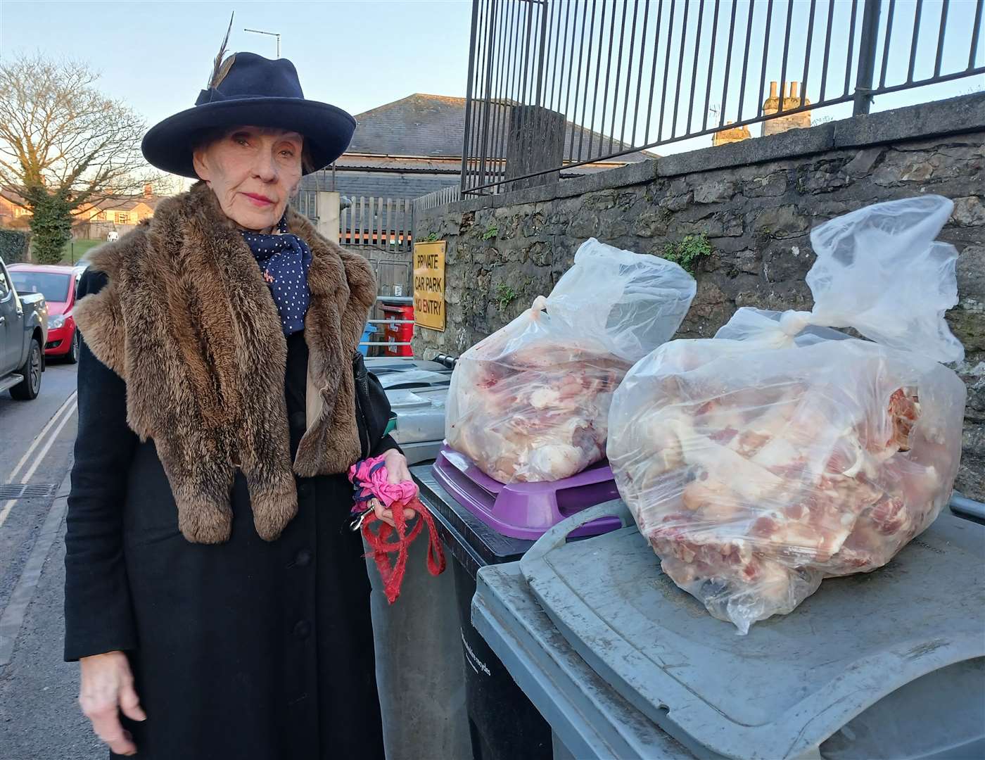 Bettina Bryan with the bags of butchered animal parts which were left in her recycling bins