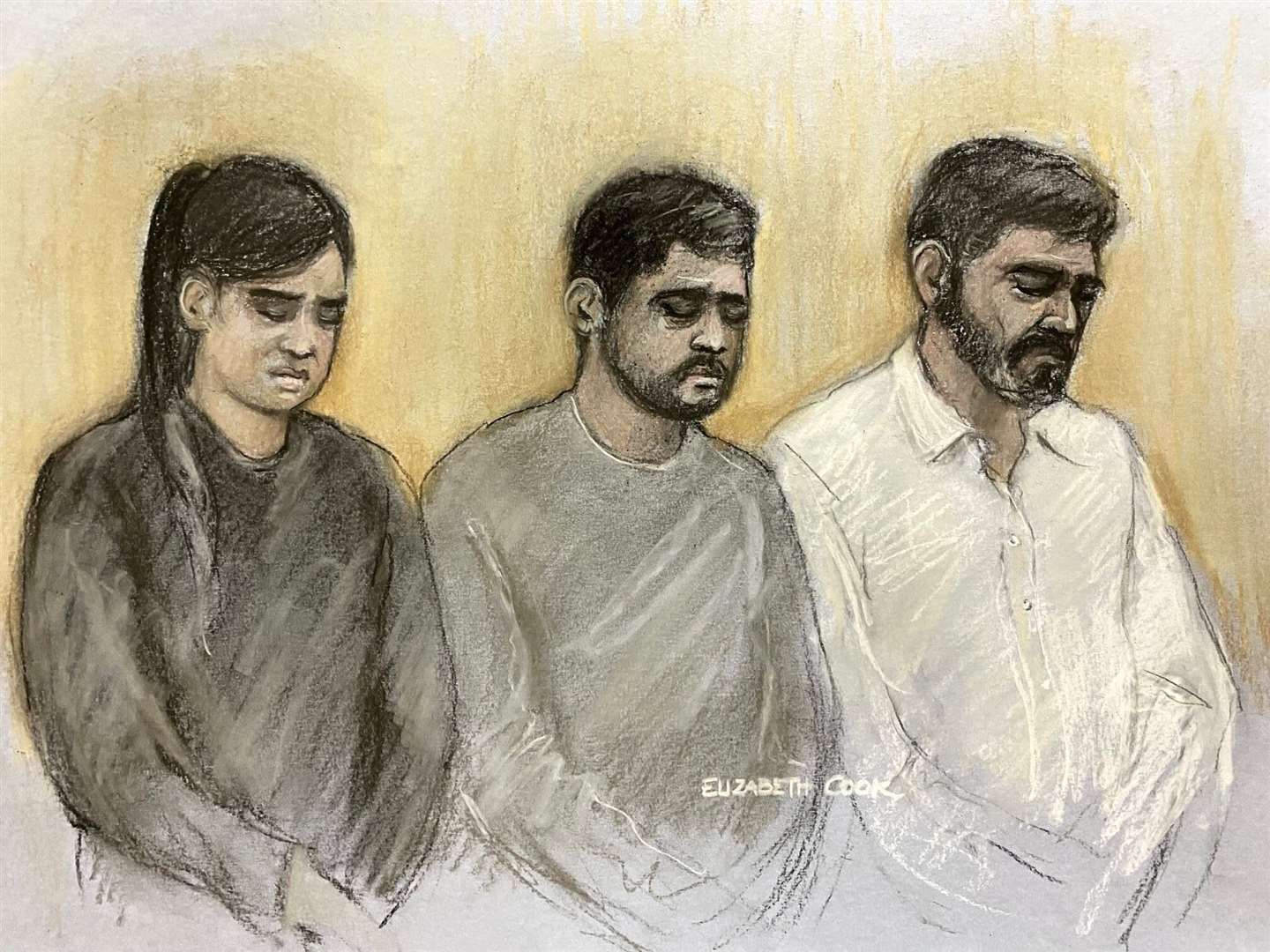 Sara Sharif’s stepmother Beinash Batool, uncle Faisal Malik and father Urfan Sharif appearing for sentencing for the 10-year-old’s death, at the Old Bailey (Elizabeth Cook/PA)