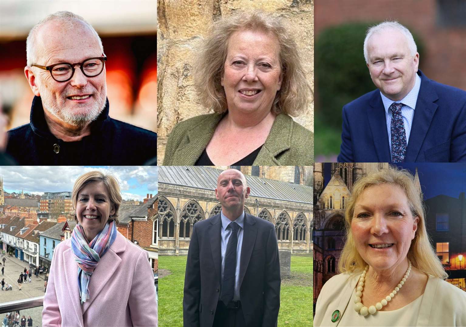 The six contenders to become Greater Lincolnshire Mayor. Clockwise they are: Jason Stockwood, Sally Horscroft, Trevor Young, Marianne Overton, Rob Waltham and Andrea Jenkyns.