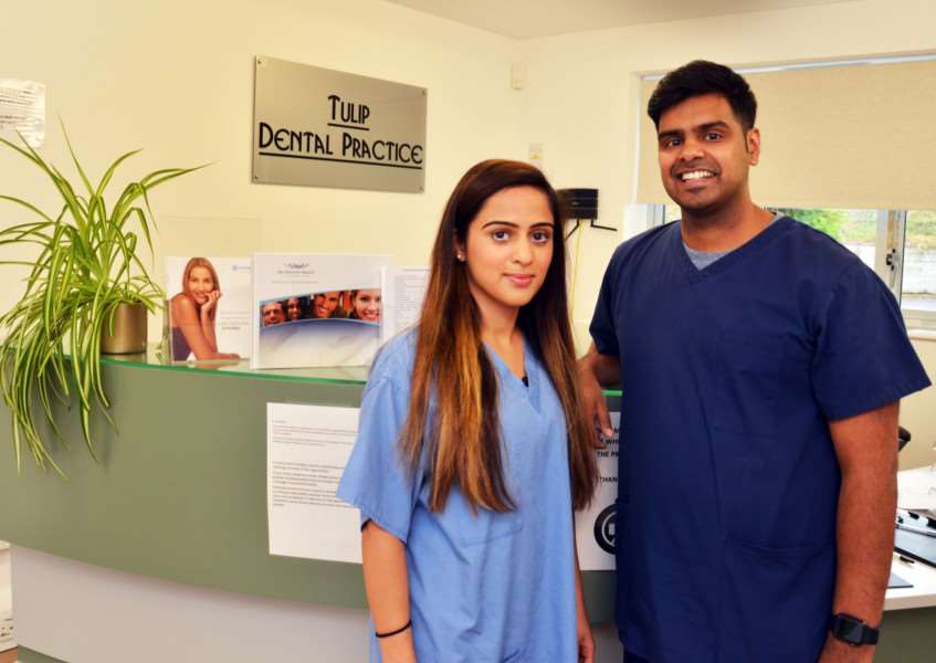 Tulip Dental Practice, Woolram Wygate, Spalding. Dr Almira Haseeb and Dr Israr Razaq in consulting room and reception area