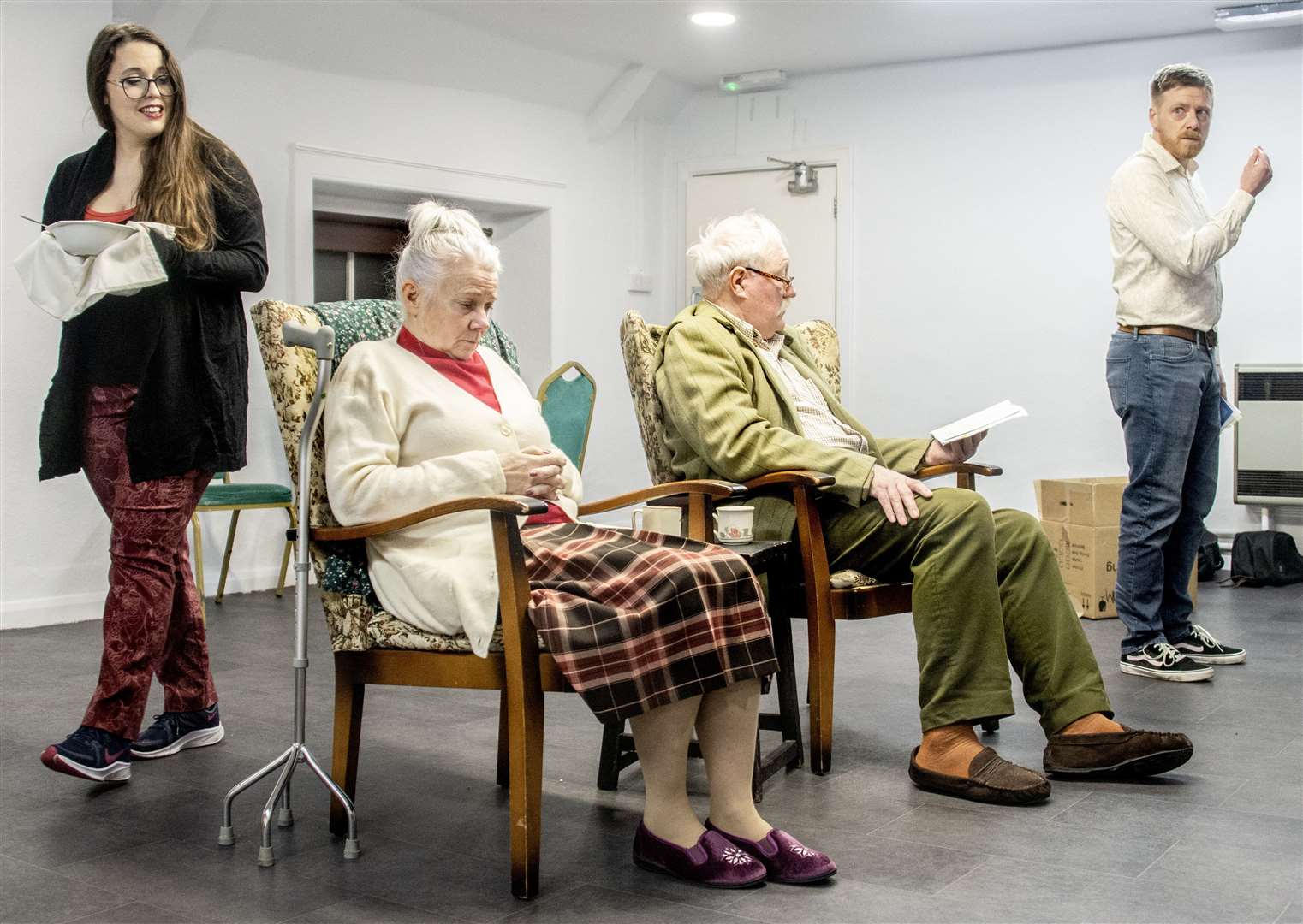 Stephanie Thompson-Collins, Lynn Kirk, Kevin McCabe and James Duggins rehearsing Visitors at Stamford Arts Centre. Photo: Larry Wilkes Photographic