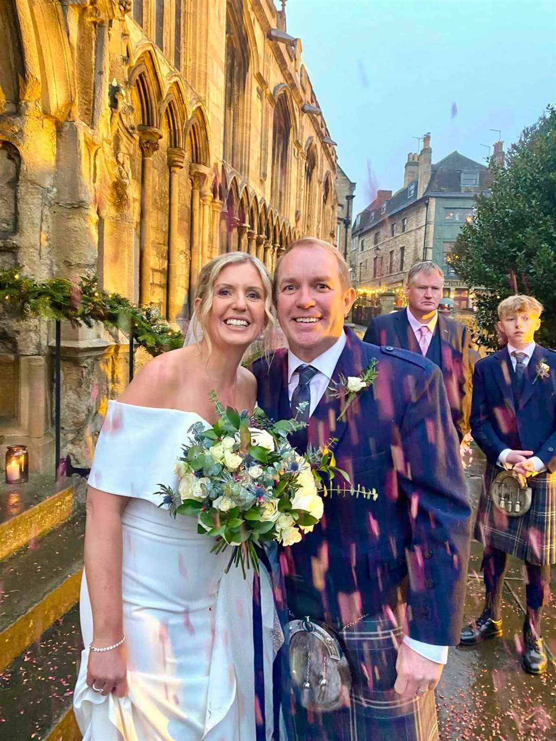 Doreen and Scott Mathie outside All Saints' Church in Stamford on their wedding day