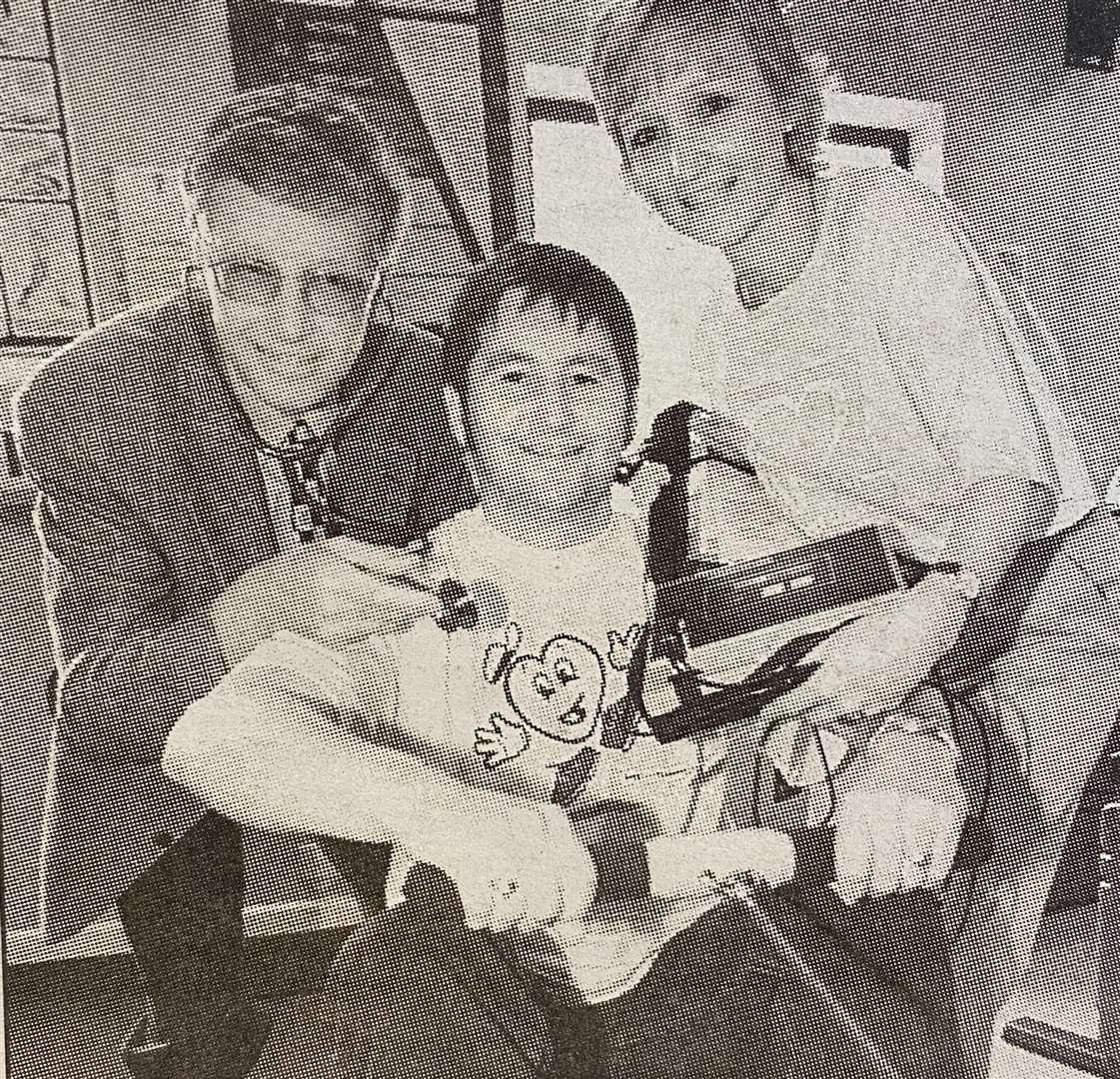 Dr John Mitchell checks Ian Howarth of The British Heart Foundation with Jayne Burrows from Stamford Leisure Centre 25 years ago.