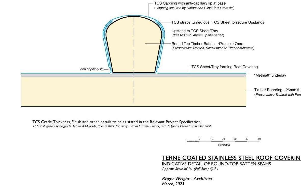 Terne Coated Stainless steel is the material proposed to fix the roof. Roger Wright Architect