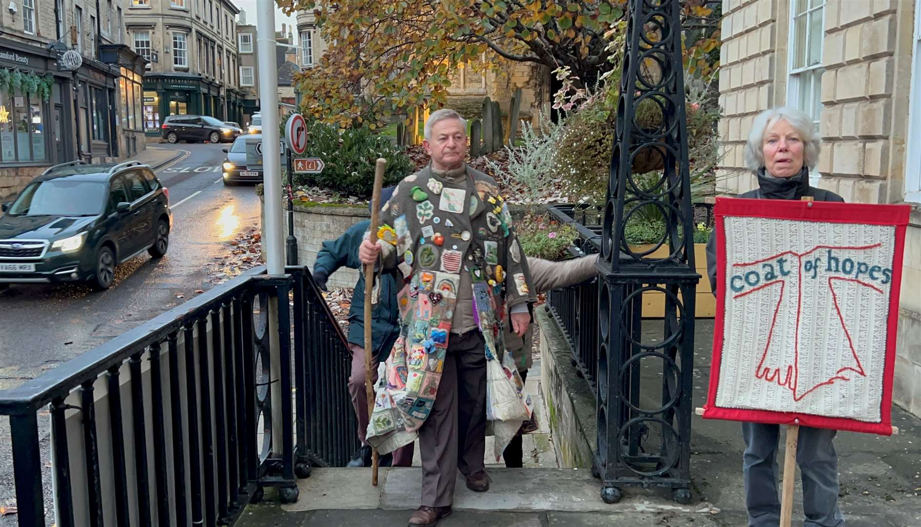 Rev Peter Stevenson wearing the Coat of Hopes as he arrives at Stamford Town Hall