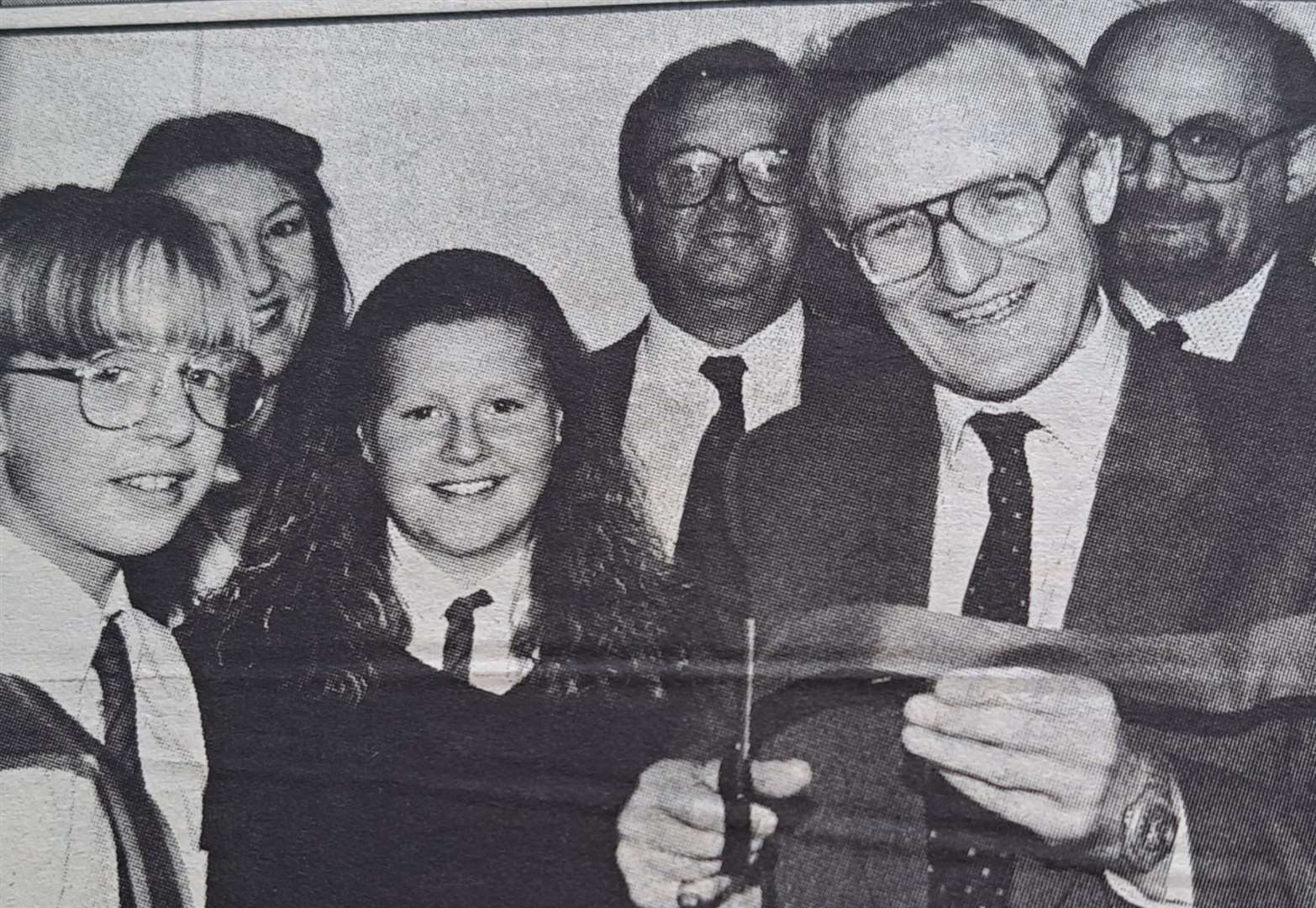 MP Douglas Hogg with students from the Central School, Grantham, in 1993.
