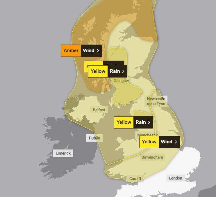 A map showing where the weather warning is in place. Photo: Met Office