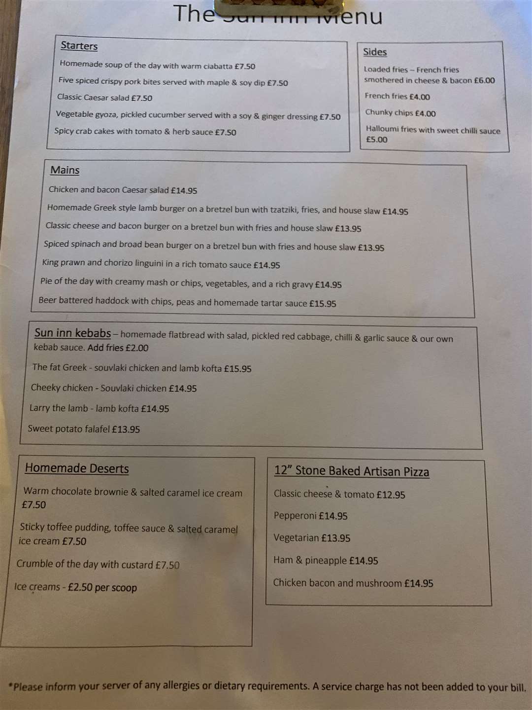 The Sun Inn menu.