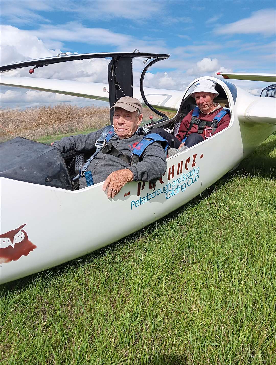Neville Robinson, 95, has no plans to retire from gliding at Peterborough and Spalding Gliding Club. He is pictured with Paul Davey