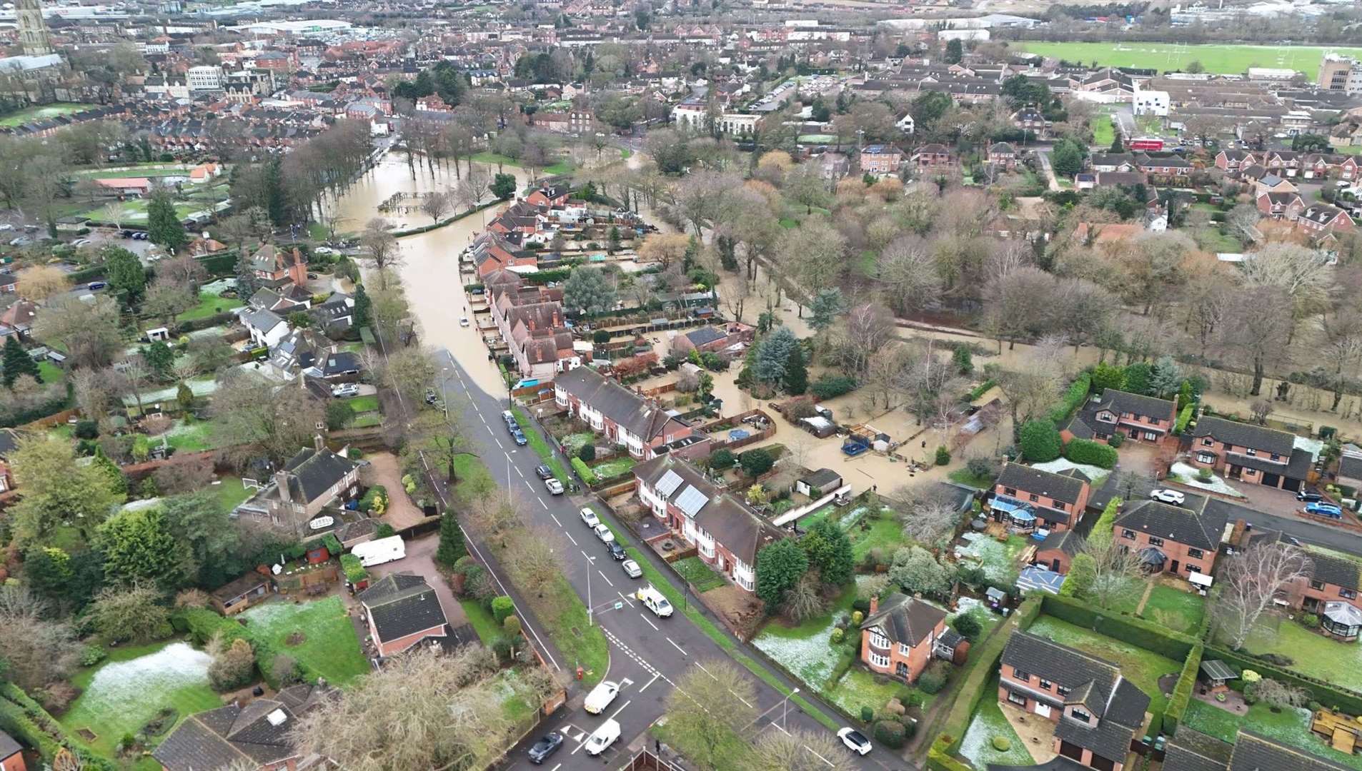 A drone view of flooding in Belton Lane, Grantham. Photo: James Clark
