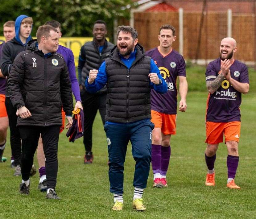 Manager Jamie McGhee leads the celebrations. Photo: Steve Nesbitt @lincssnapper