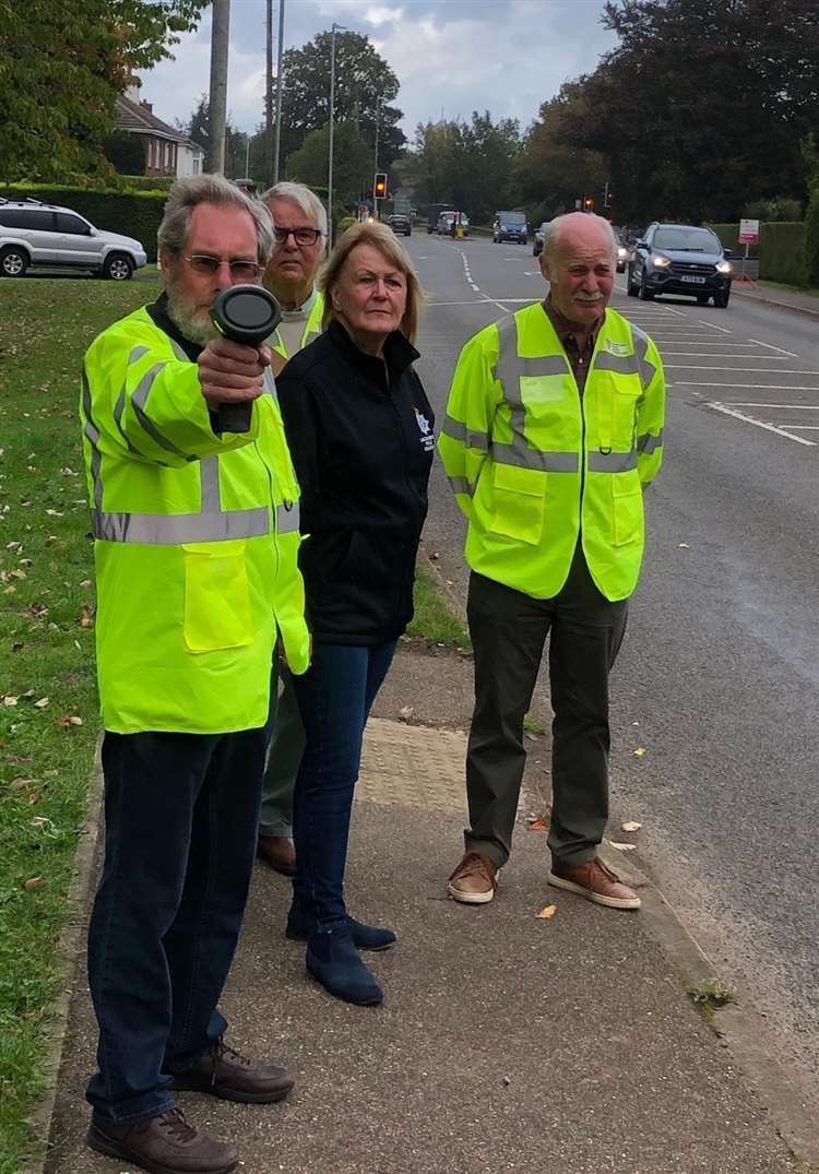 Coun Jan Whitbourn with Speedwatch volunteers