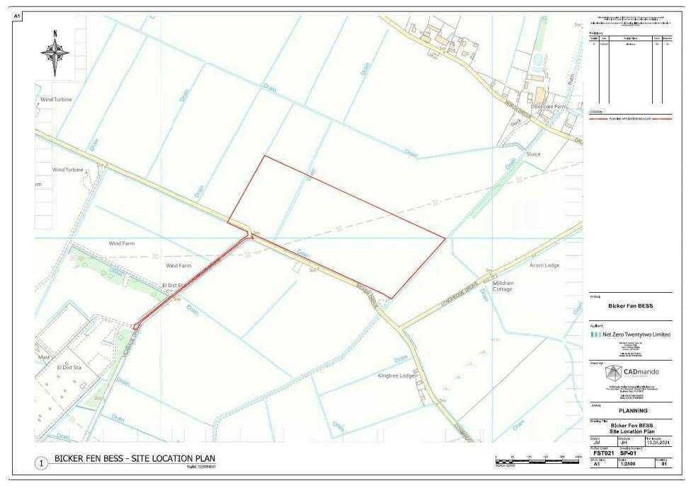 The proposed site plan. The ESS would be placed within the red box with the red line the access route