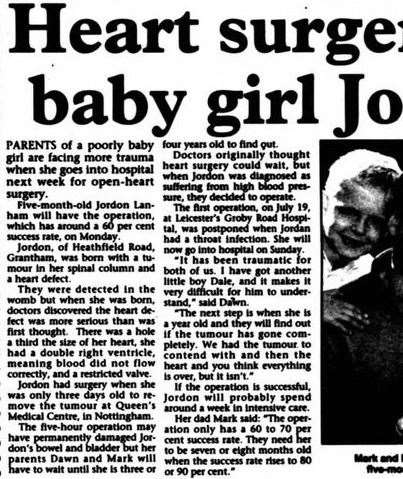 Jordan's story was featured in the Grantham Journal in 1993. | Image: Supplied