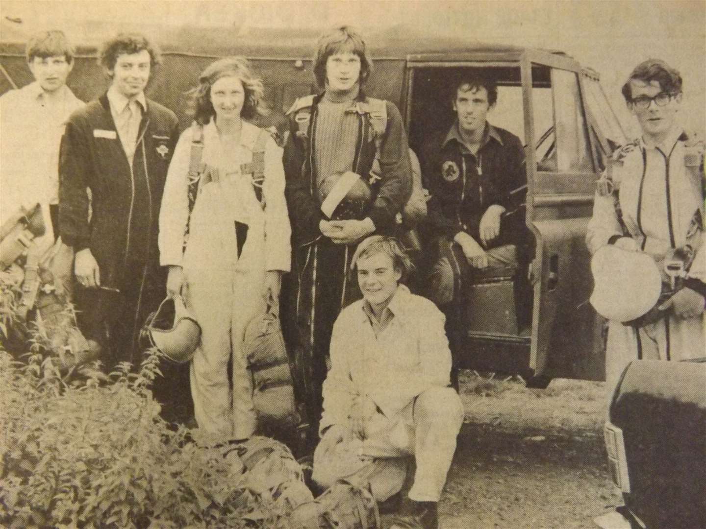 50 years ago: August 10, 1973 – After the parachute descent at Sibson are (left to right) Steve Riley, John Rutland, Sally Riley, John Sadler, “Mercury” reporter Graham Sanderson and far right, Dick Jones, pictured just before being taken back to base.