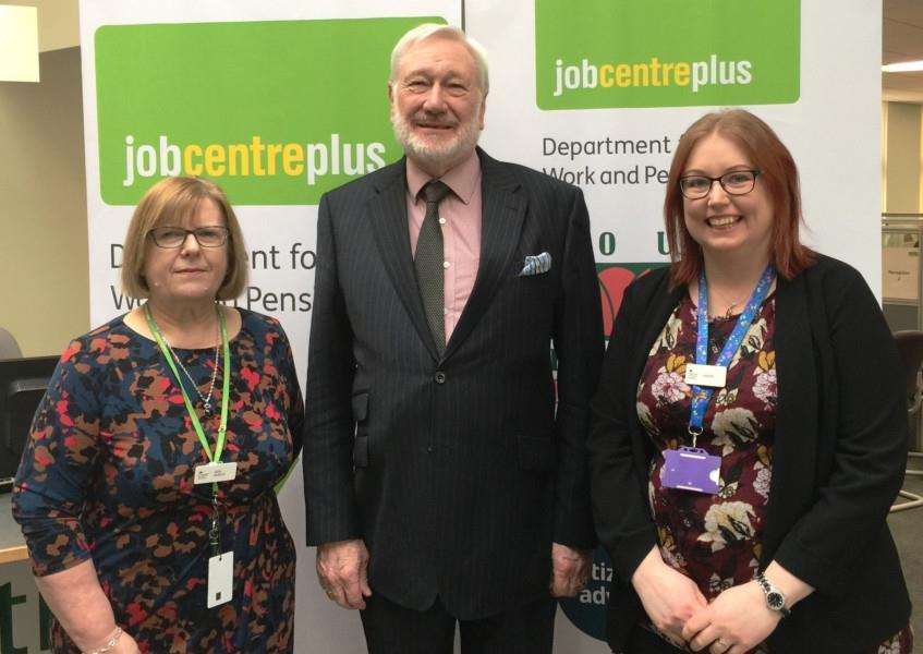 Work Coach Team Leader Sally Ballard, SHDC Deputy Leader Malcolm Chandler and Jobcentre Customer Service Manage Louise Cole.