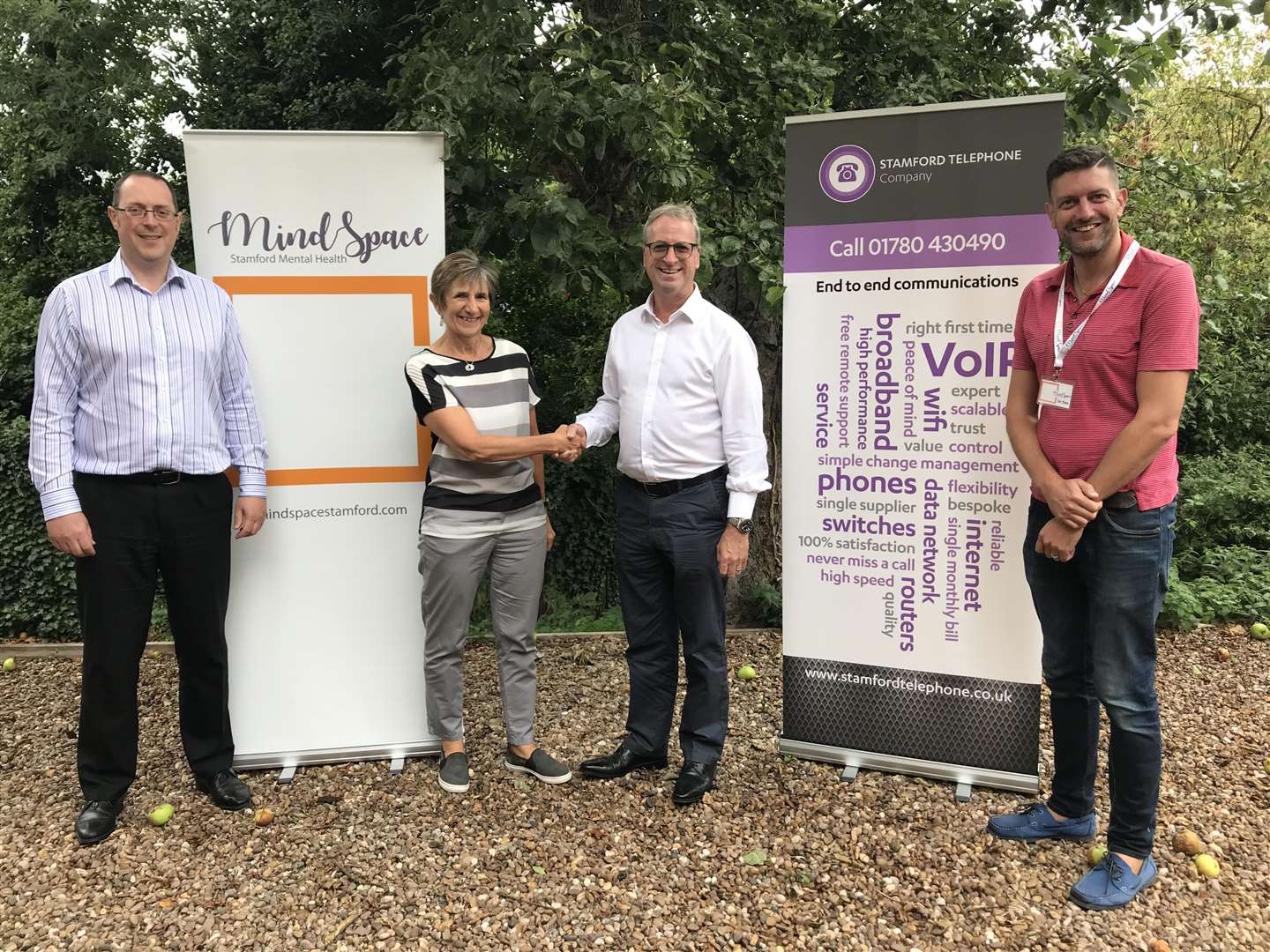 Chris Smith, Helen Howe, Mike Adams and Dan Petrie celebrate a collaboration between MindSpace Stamford and Stamford Telephone Company