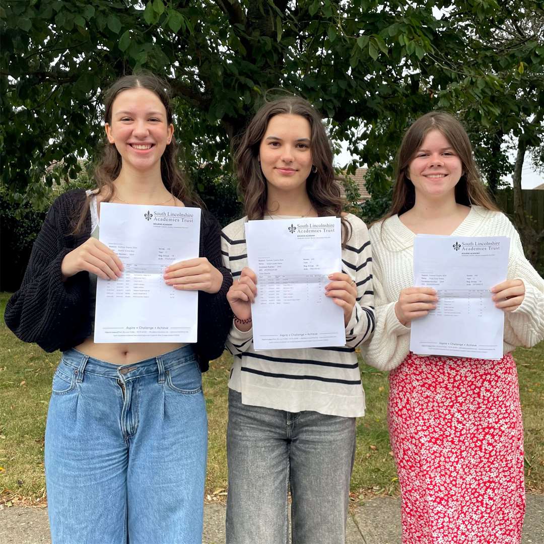 Pupils at Bourne Academy celebrate their GCSE results. Pictured are Sophie Bell, Isobel Staite and Ruby Stokes