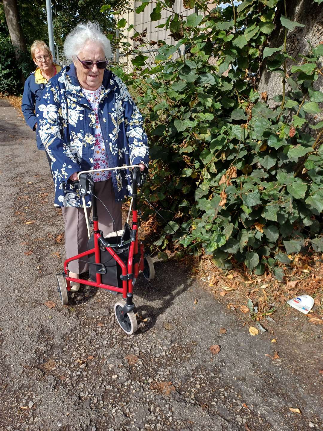 Elsie Clark says she often has to risk falling over due to the unbalanced road and having to pick up her walker to cross some of the dips. Photo Daniel Jaines