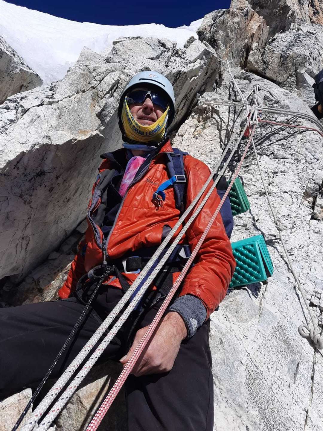The ropes and equipment underline the technical mountaineering required between camp one and two on Ama Dablam (61028335)