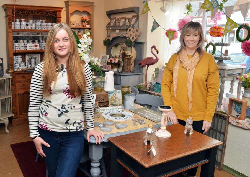 Sophie Mace and Sue Parsons at Bon Appechic in South Street, Crowland, where upcycled furniture, gifts and crafts are on sale. Photo by Tim Wilson. SG270318-101TW.