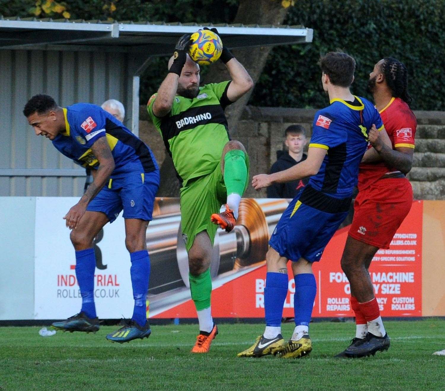 Goalkeeper Tony Breeden claims a cross. Photo: Chris Lowndes