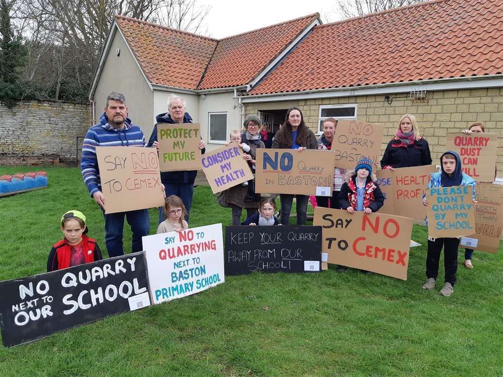 Protestors at Baston Village Hall in March