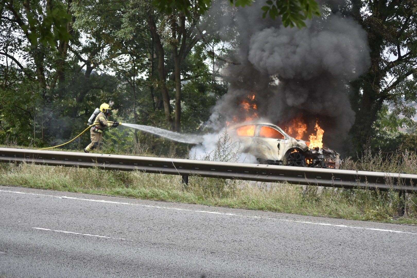 A car on fire has caused the A1 southbound to close. Credit: R. S. Mortiss (52029323)