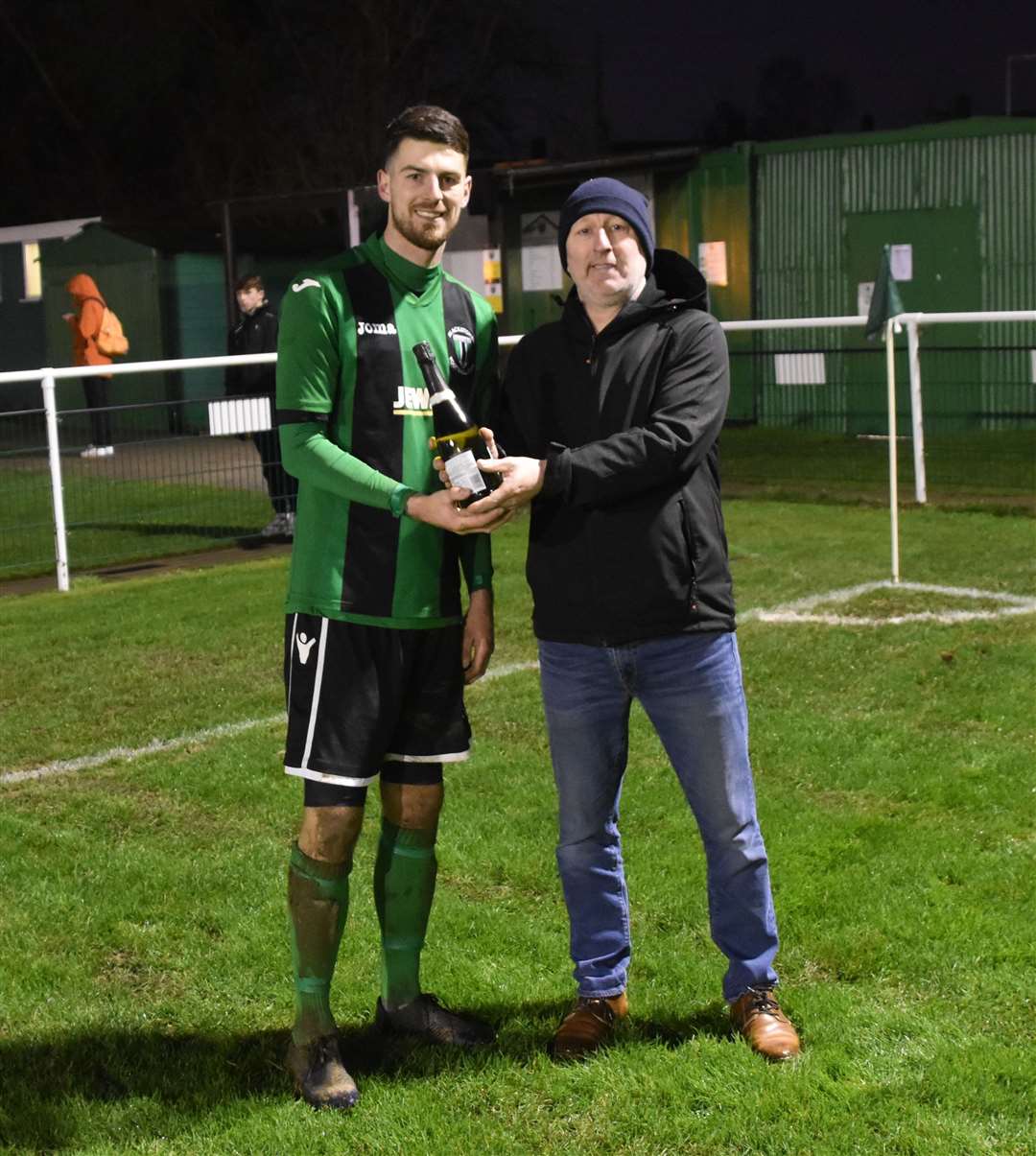Man of the match Matt Cox with match sponsor Dave Breakell. (54346774)