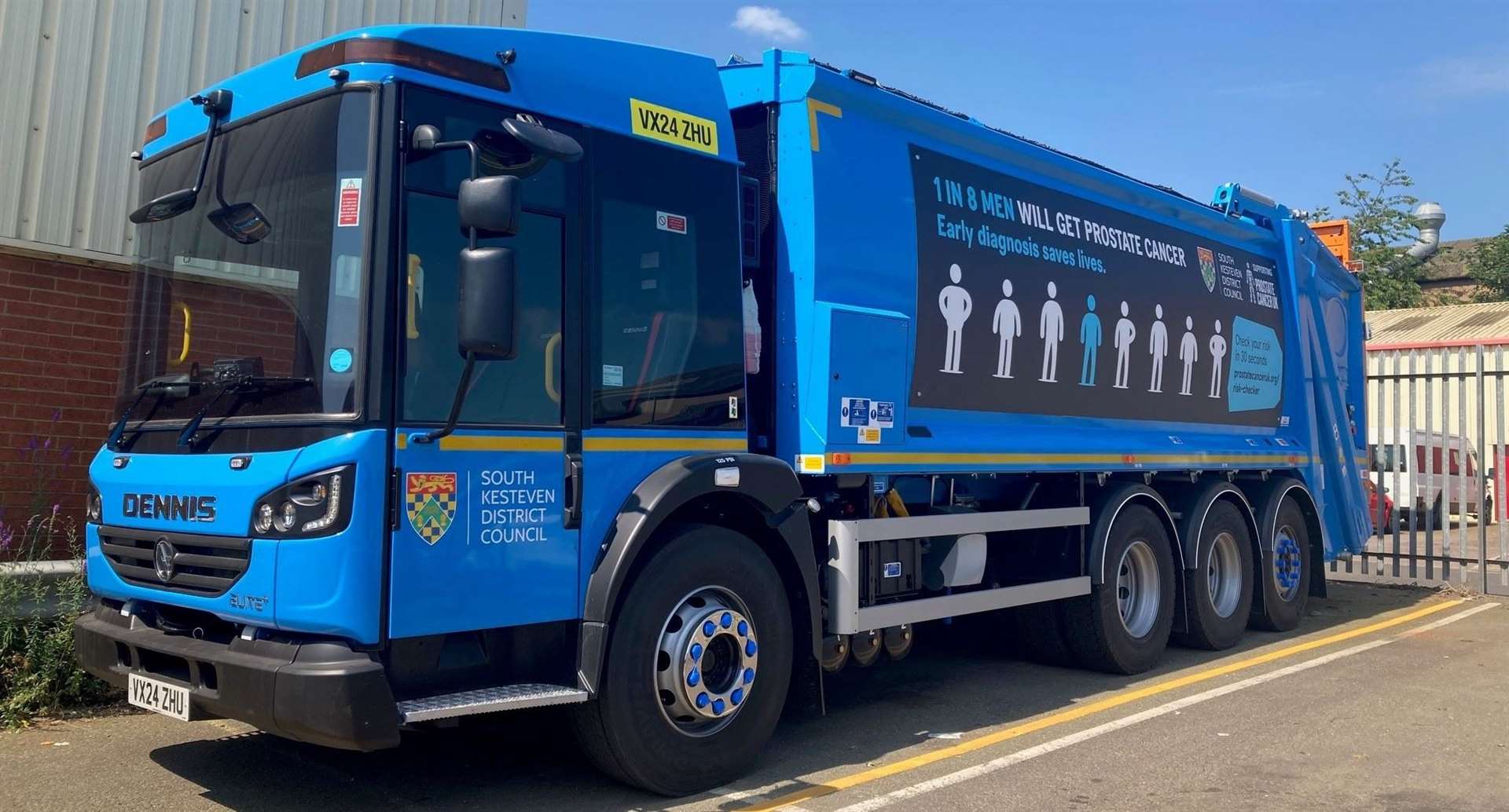SKDC's new bin lorry raising awareness of prostate cancer.