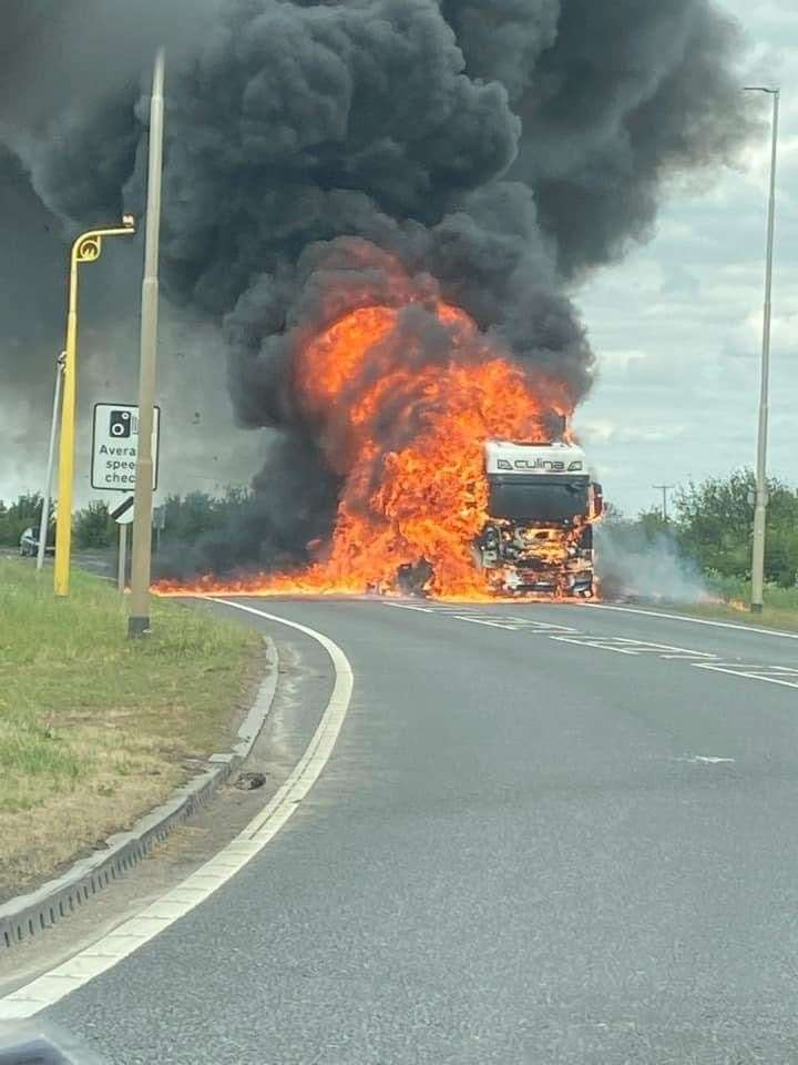 The lorry was on fire on the A16 at Crowland