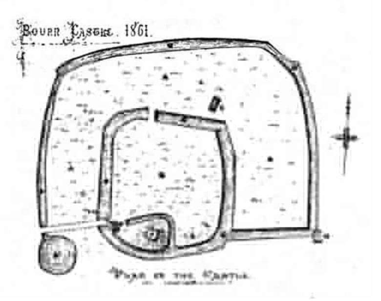 This illustration of the castle layout was compiled by James Fowler from a drawing by local enthusiast Robert Parker, of Morton, inspired by an archaeological dig and report of 1861. The dig purportedly revealed the gatehouse, two round towers and the timbers for raising the drawbridge. Much of this was uncovered again by an archaeological dig in 1889. This plan was reproduced by J J Davies in his book Historic Bourne (1909).