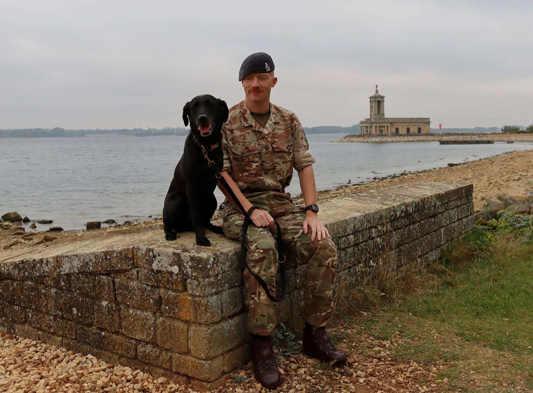 LCpl Bracey and Twitter enjoying a walk and a sit at Rutland Water
