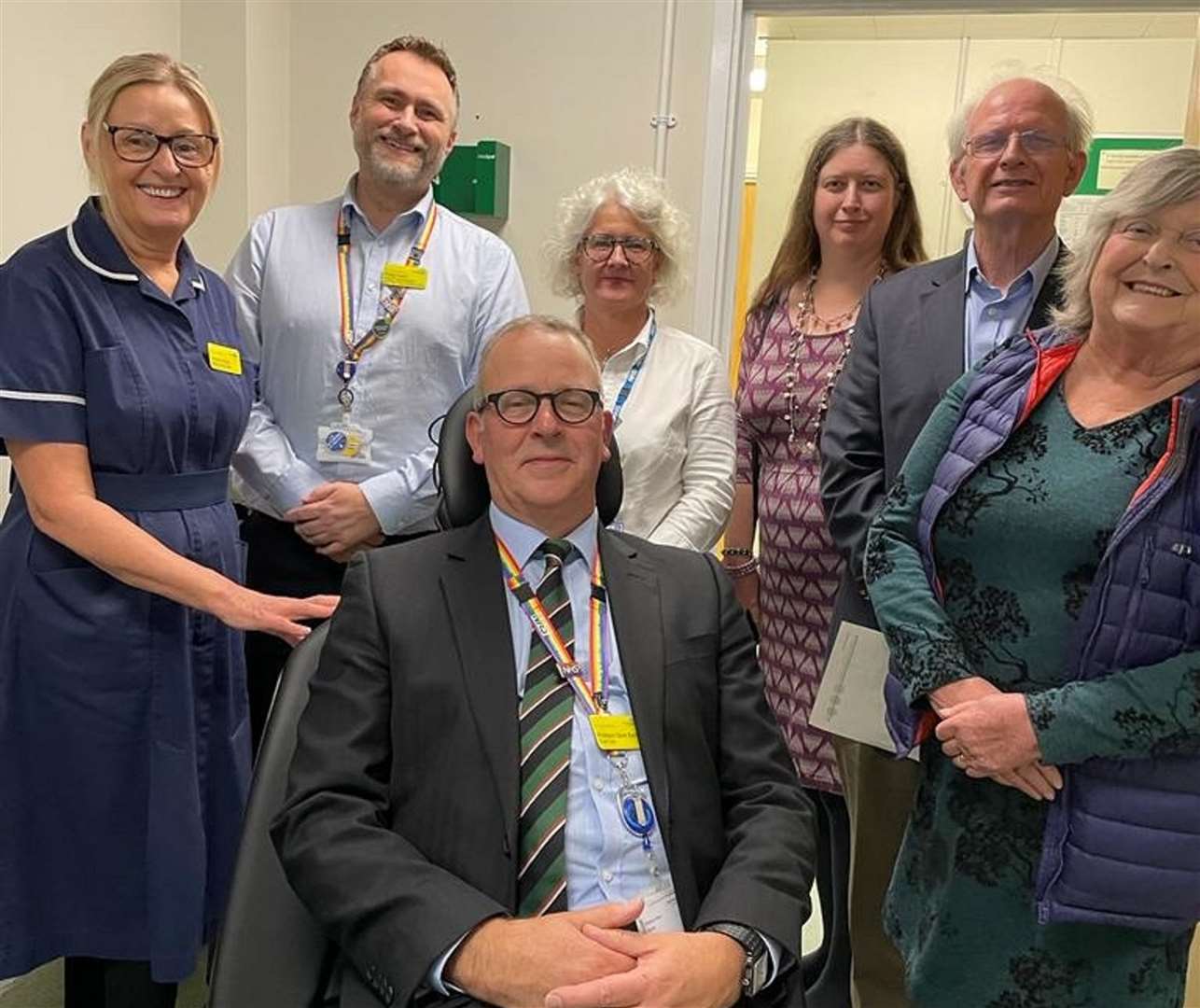 Professor Steve Barnett (front) with ophthalmology sister Jo Ruby, Hospitals’ Charity project manager Philip Fearn, clinical lead Linda McInerney and Emma, Charles and Ann Looker.