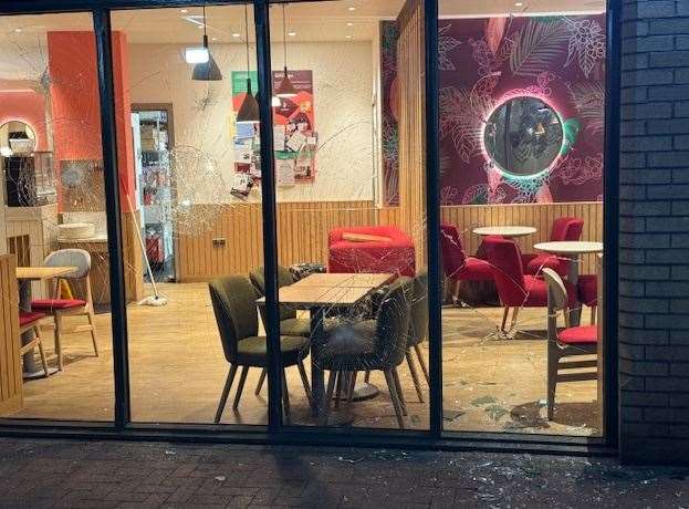 The windows were smashed last night at Costa in Bourne. Photo: Jason Richardson