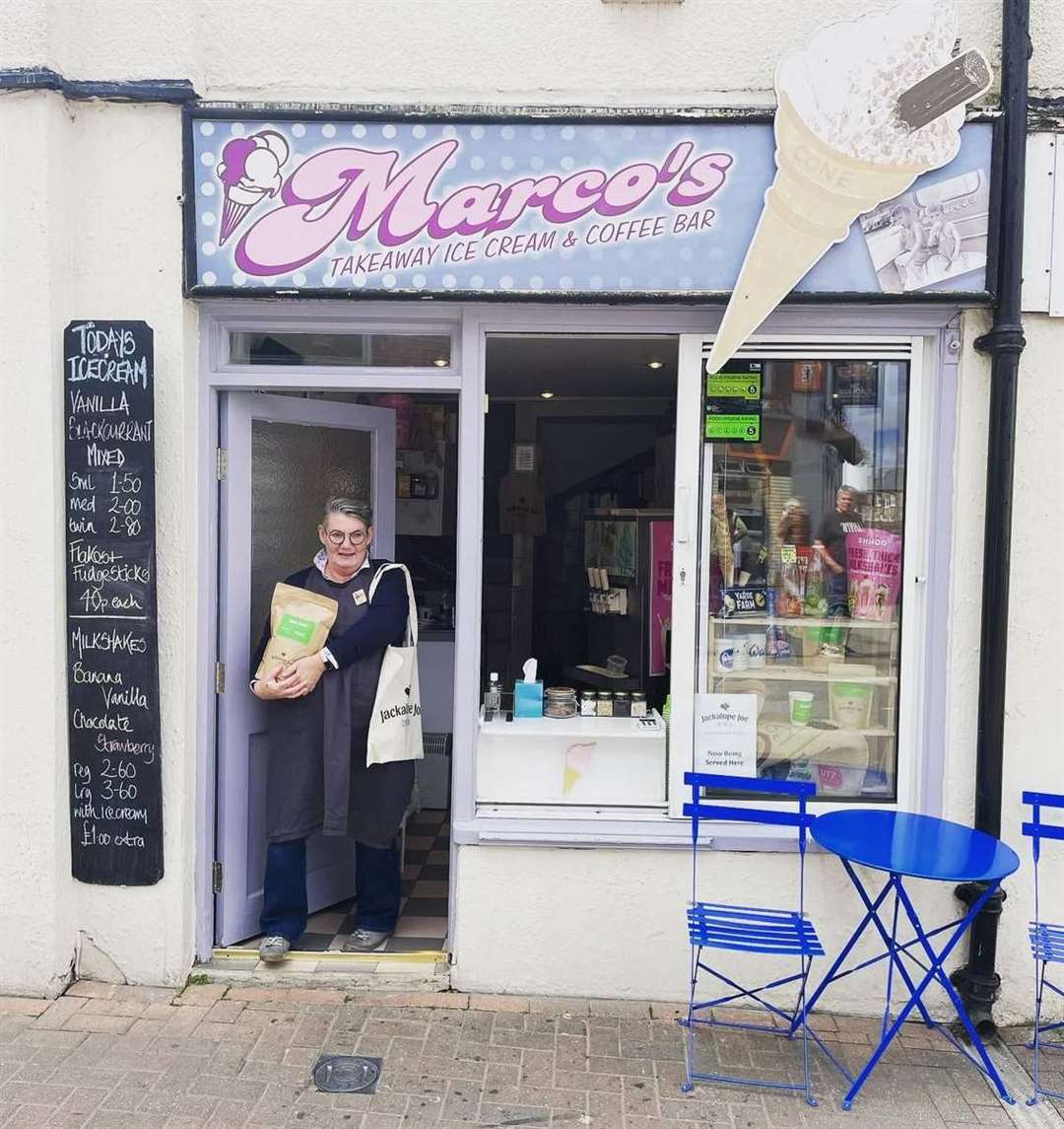 Elaine Robinson outside Marco's Ice Cream and Coffee Bar