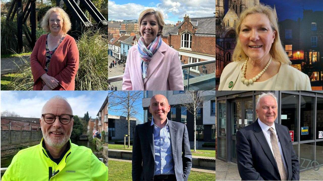 Candidates standing in the Greater Lincolnshire mayoral elections. Top from left, Sally Horscroft – Green Party; Andrea Jenkyns – Reform UK; Marianne Overton – Lincolnshire Independents, and bottom, Jason Stockwood – Labour; Rob Waltham – Conservative; Trevor Young – Liberal Democrat