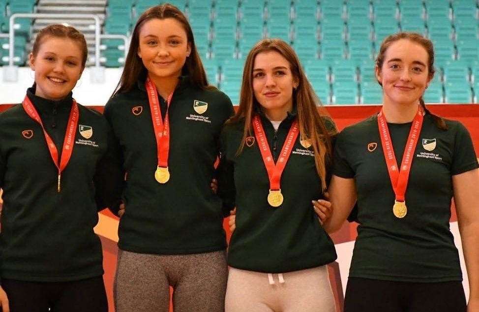 Tilly Gurney (second right) with her Nottingham University team-mates after winning the women's team pursuit at the BUCS Track Cycling Championships in Manchester. Photo supplied.