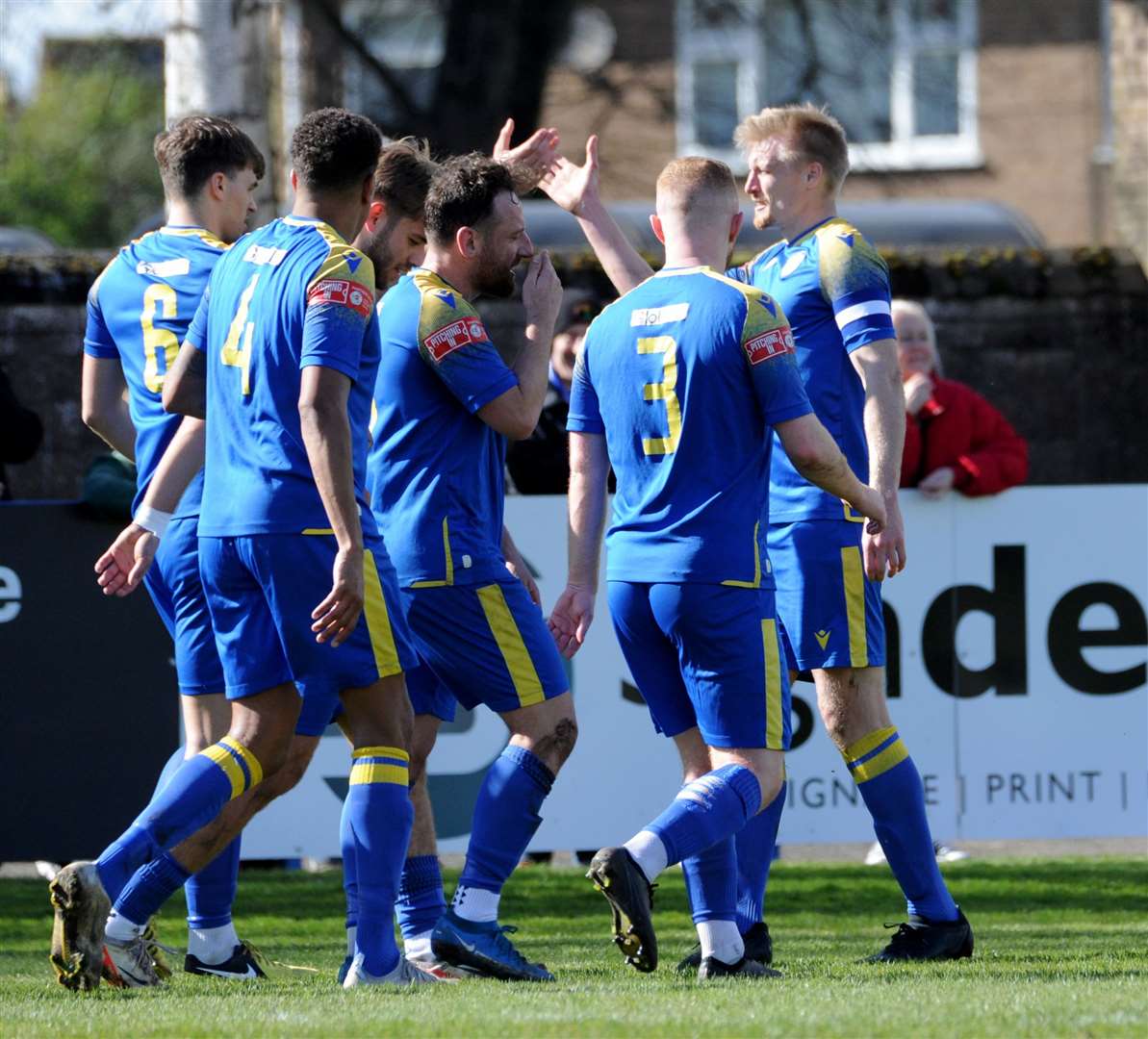 Spalding celebrate Nathan Stainfield's opener. Photo: Chris Lowndes